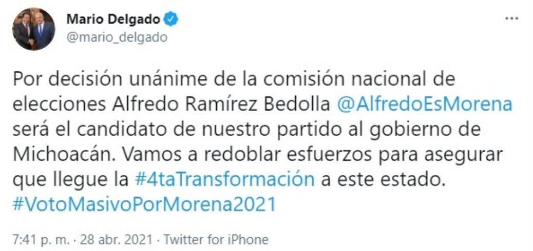 Designa Morena a diputado local como candidato a la gubernatura de Michoacán