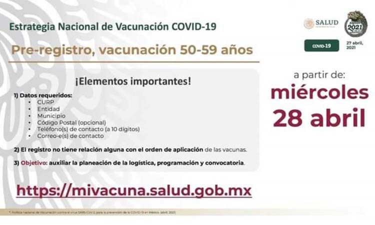 El miércoles iniciará el registro de personas de 50 a 59 años para vacunación Covid